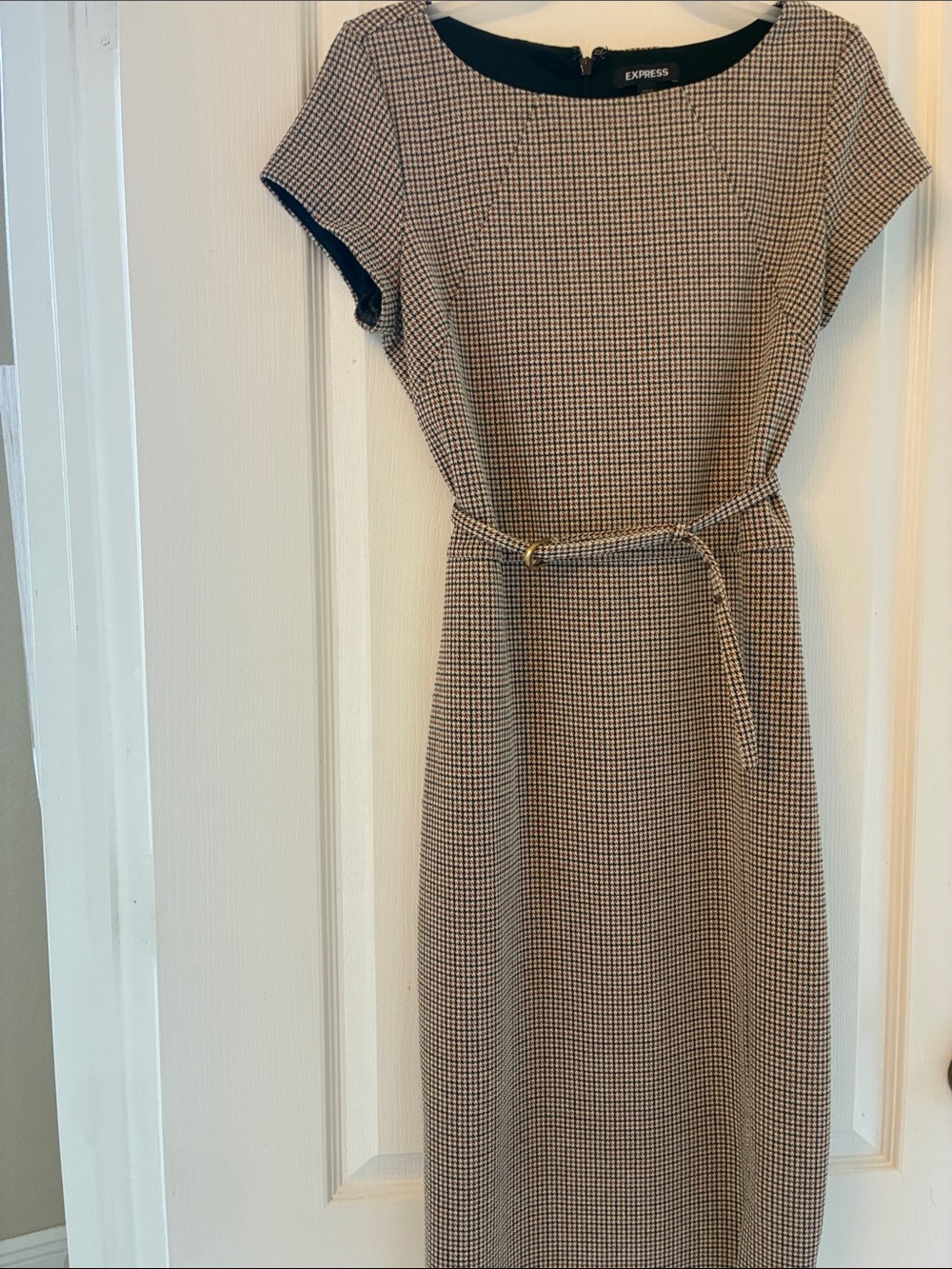 Express Tan and Black Checked Midi Sheath Dress with Belt